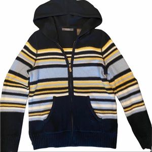 LIZ CLAIBORNE Women's Navy Striped Full Zip Cardigan. Size: Petite Small